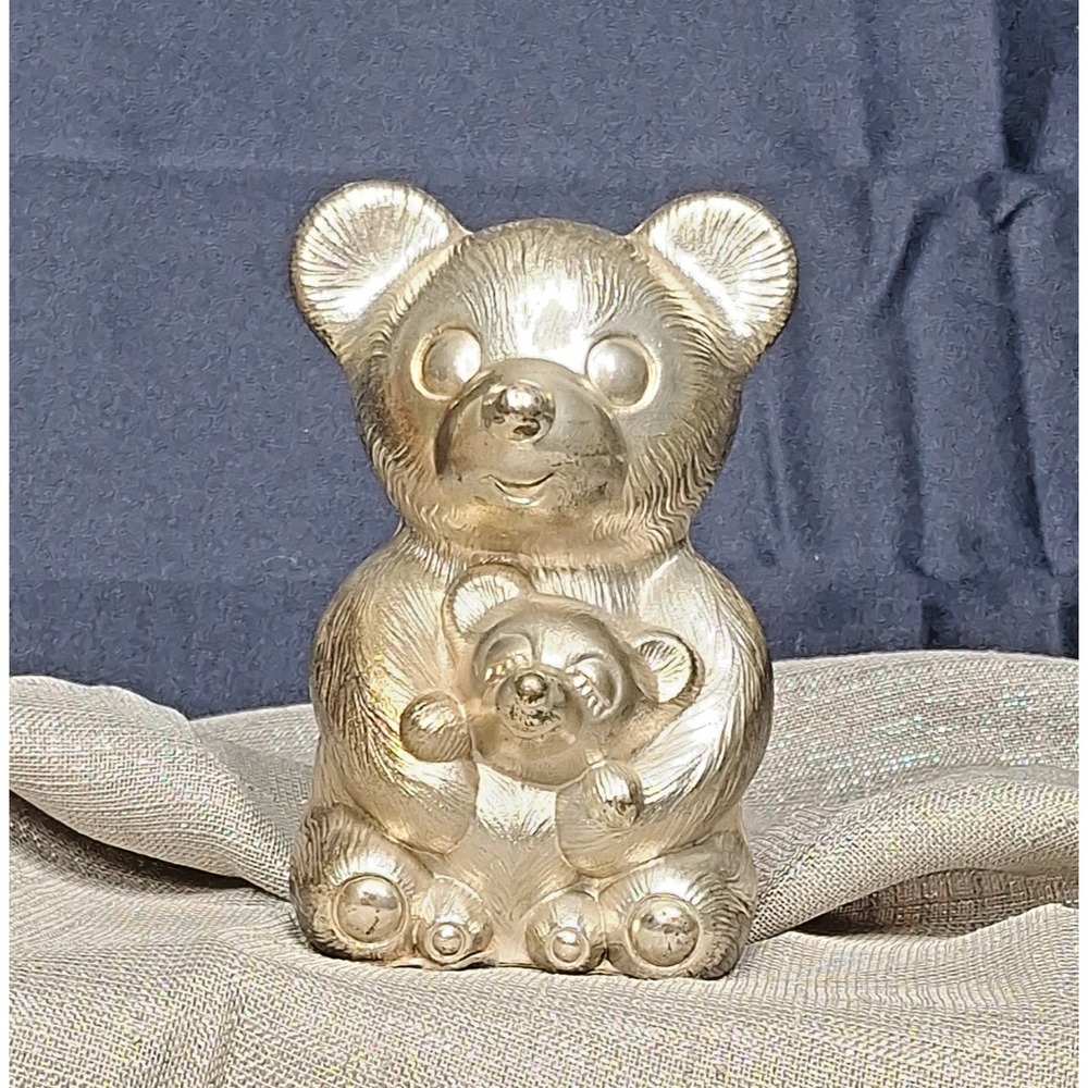 Godinger Teddy Bear & Cub Metal Bank Vintage Japan Tarnish Resistant w Tag Piggy